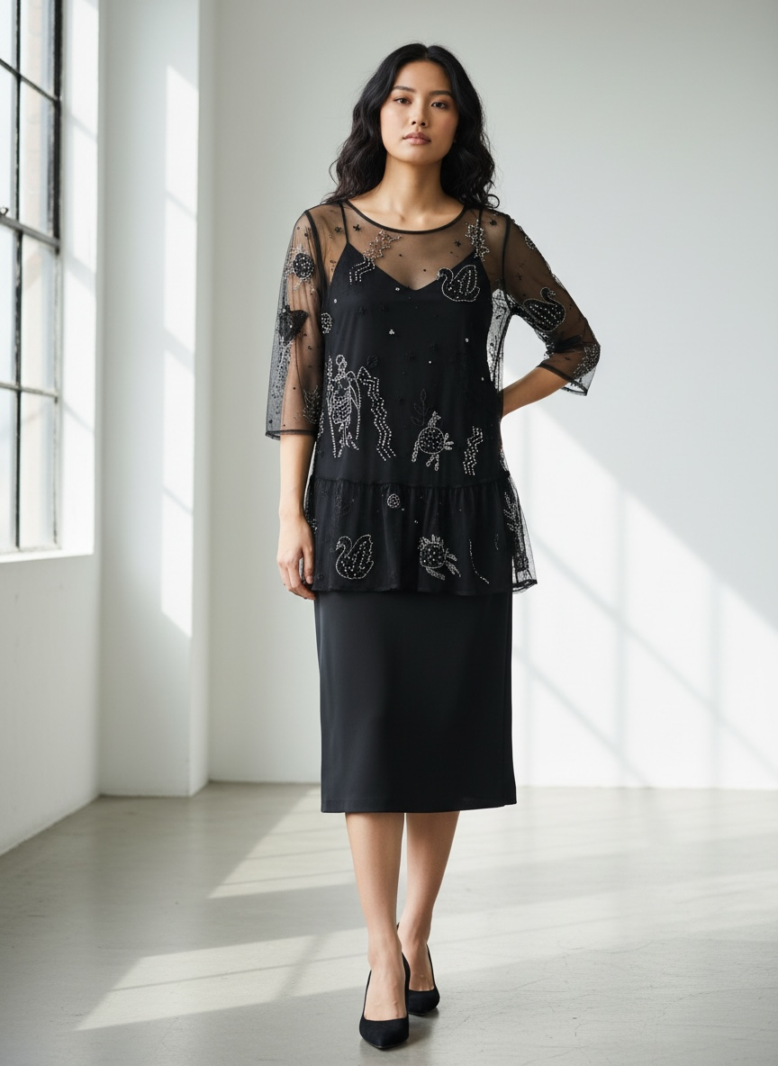 Sheer Mesh Beaded Top (No label) | Size XS/8