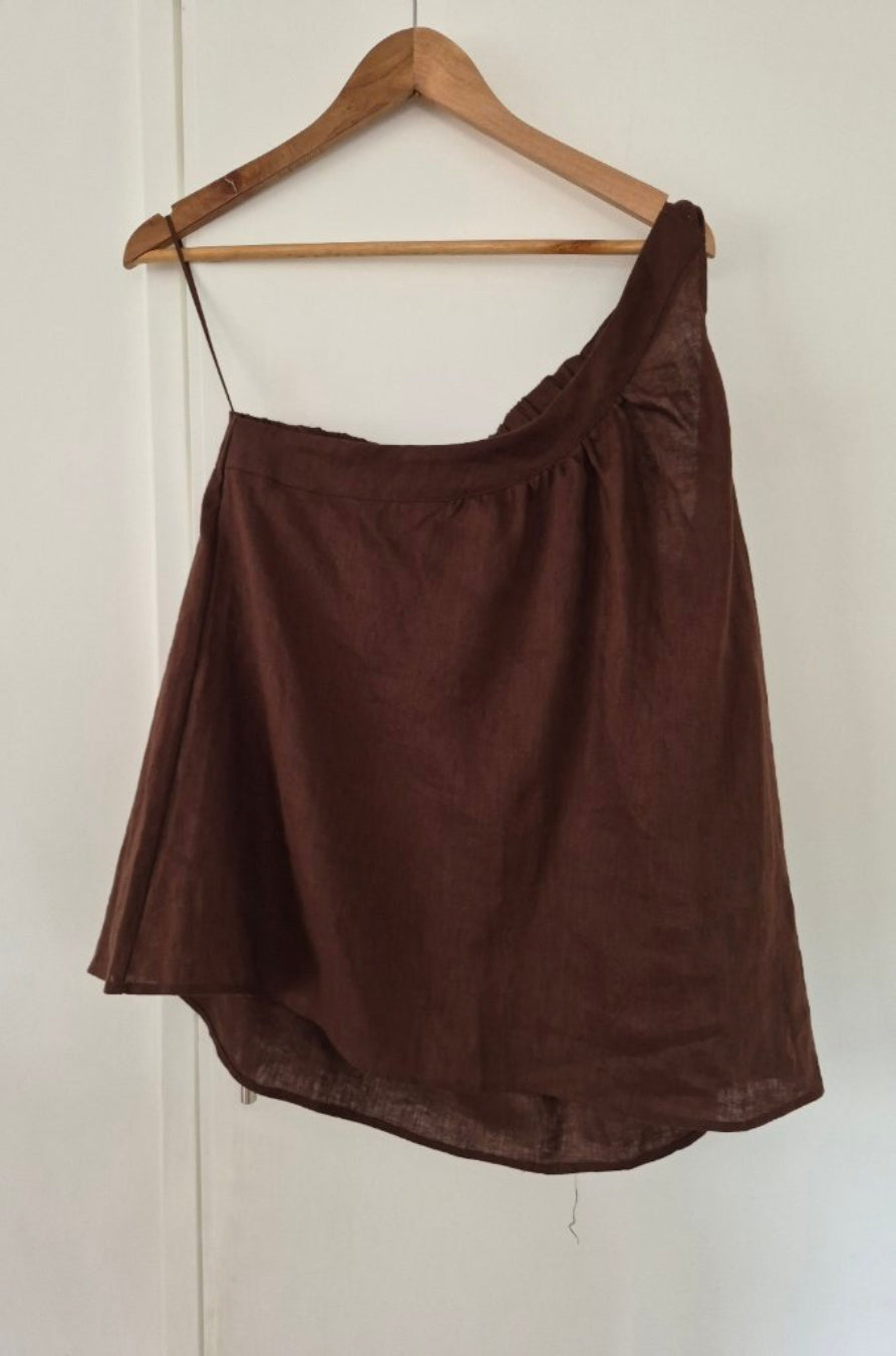Front view of Adorne Brown Linen Top Size 12, preloved designer clothing at Copper & Cotton