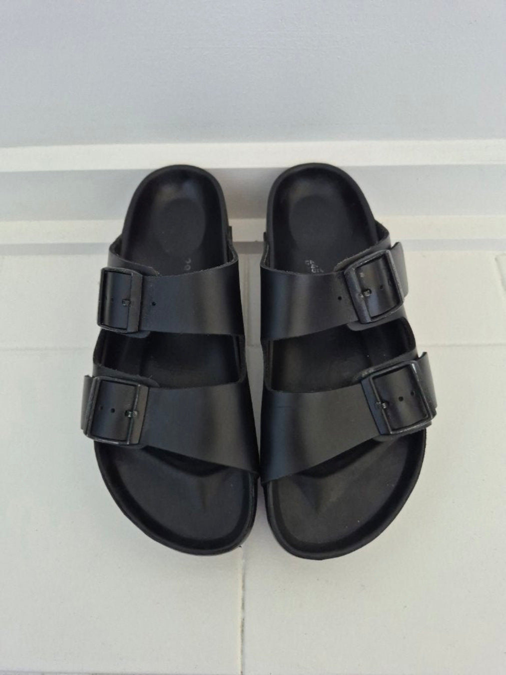 Front view of Birkenstock Papillio Black Slides Sz 38/39, preloved designer clothing at Copper & Cotton