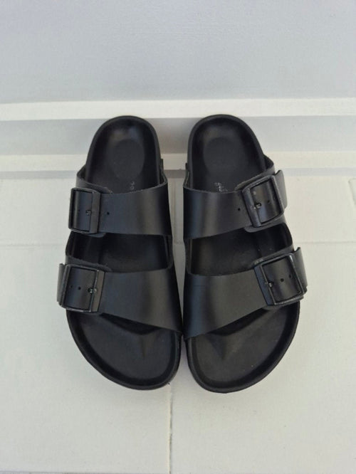 Front view of Birkenstock Papillio Black Slides Sz 38/39, preloved designer clothing at Copper & Cotton