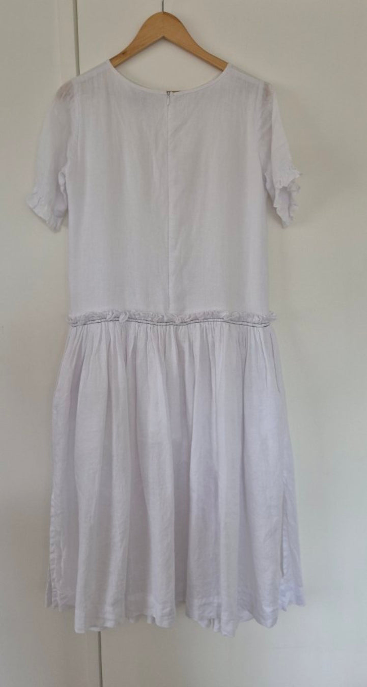 Back view of Blak Love White Linen Dress Size 8/10, preloved designer clothing at Copper & Cotton