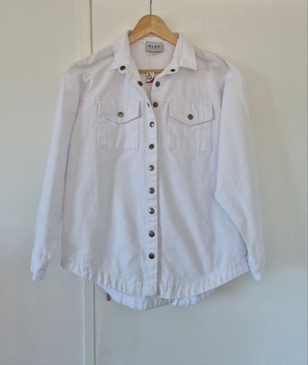 Front view of Blak Love White Shacket Size 8, preloved designer clothing at Copper & Cotton