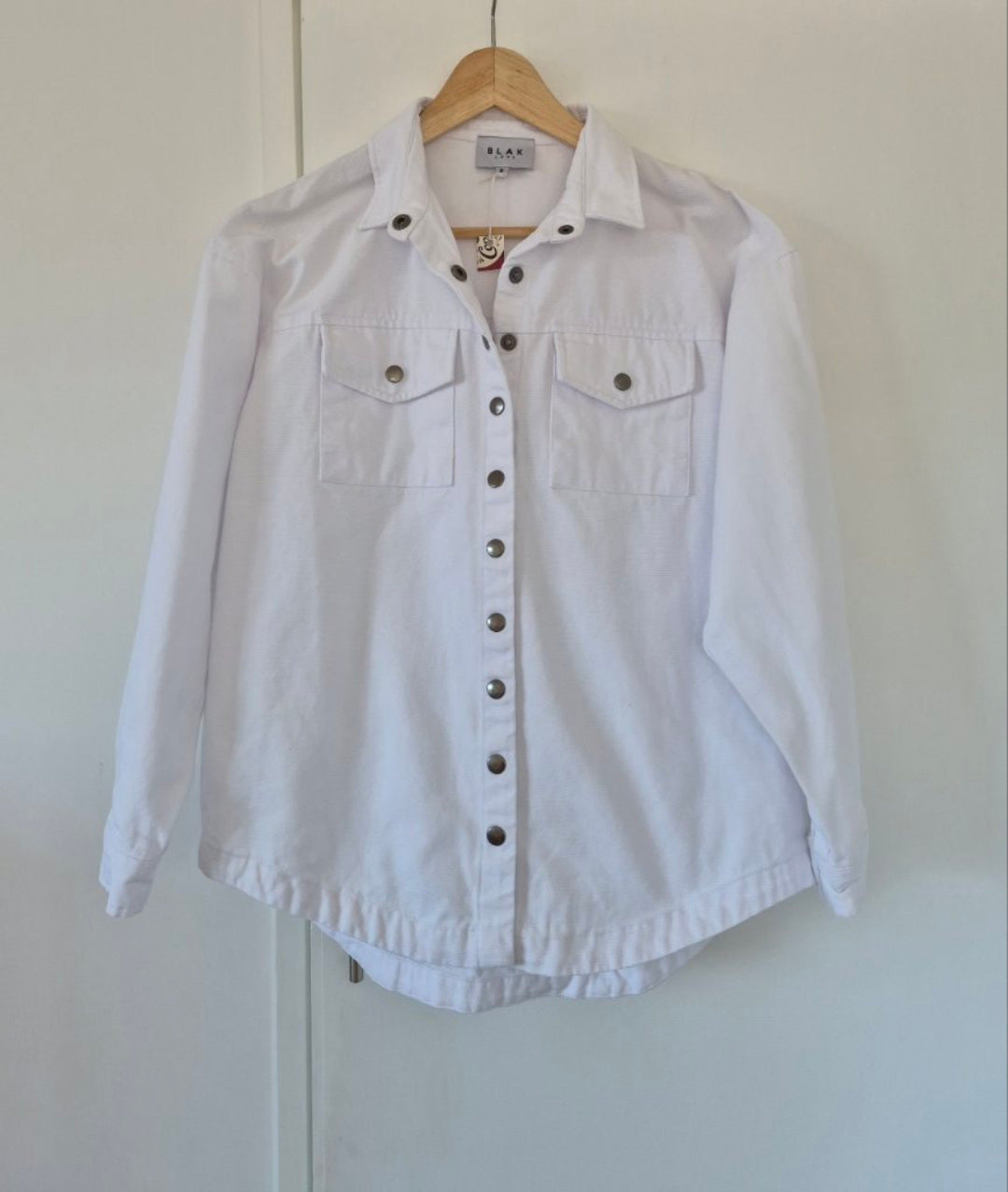 Front view of Blak Love White Shacket Size 8, preloved designer clothing at Copper & Cotton