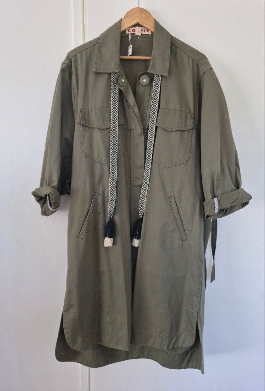 Front view of Cooper Twill The Season Khaki Coat Size S, preloved designer clothing at Copper & Cotton
