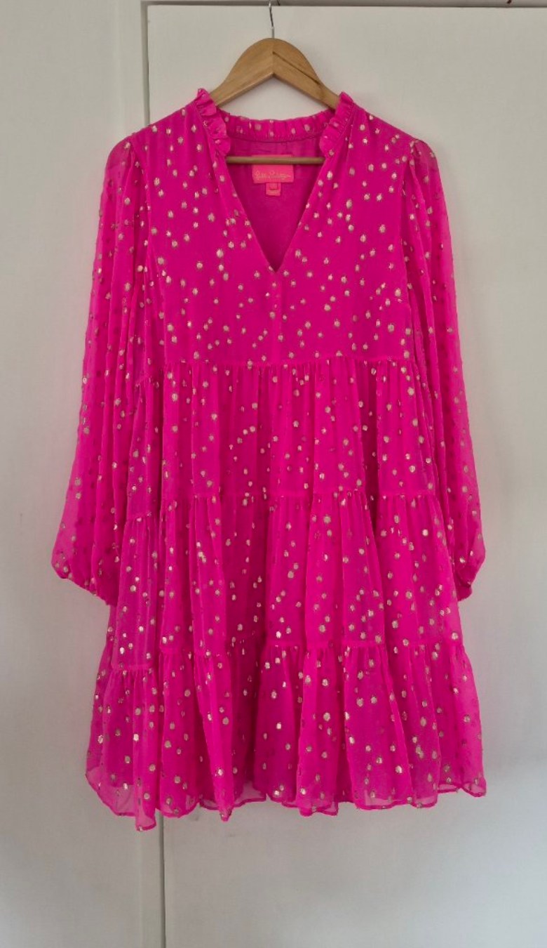 Front view of Lily Pulitzer Pink Silk Dress Size 8, preloved designer clothing at Copper & Cotton