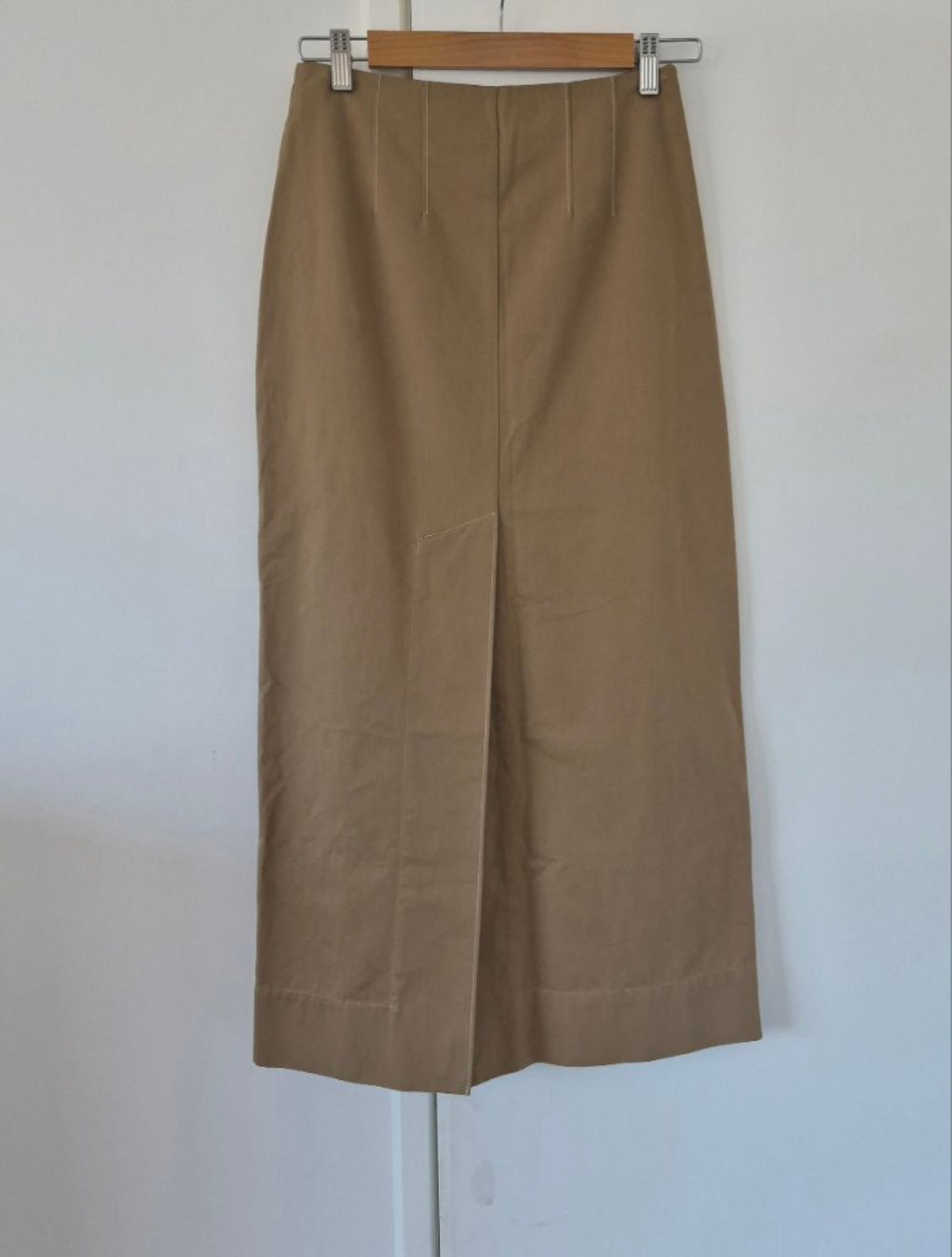 Front view of Marle Khaki A Line Skirt Size 8, preloved designer clothing at Copper & Cotton