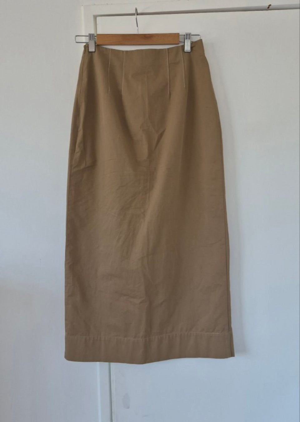 Back view of Marle Khaki A Line Skirt Size 8, preloved designer clothing at Copper & Cotton