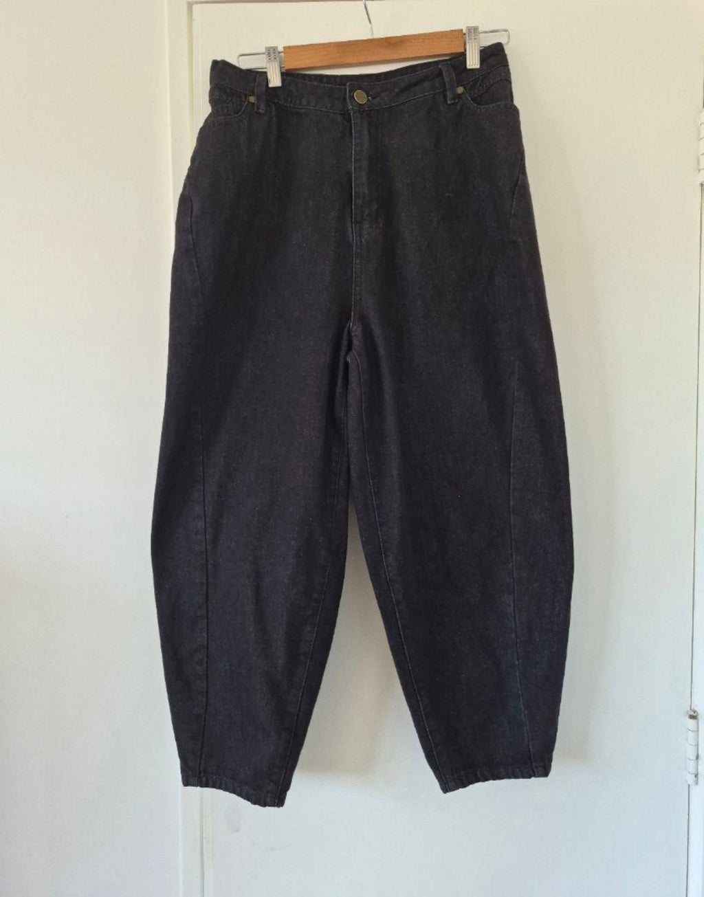 Front view of Moochi Black Barrel Jeans Sz 10, preloved designer clothing at Copper & Cotton
