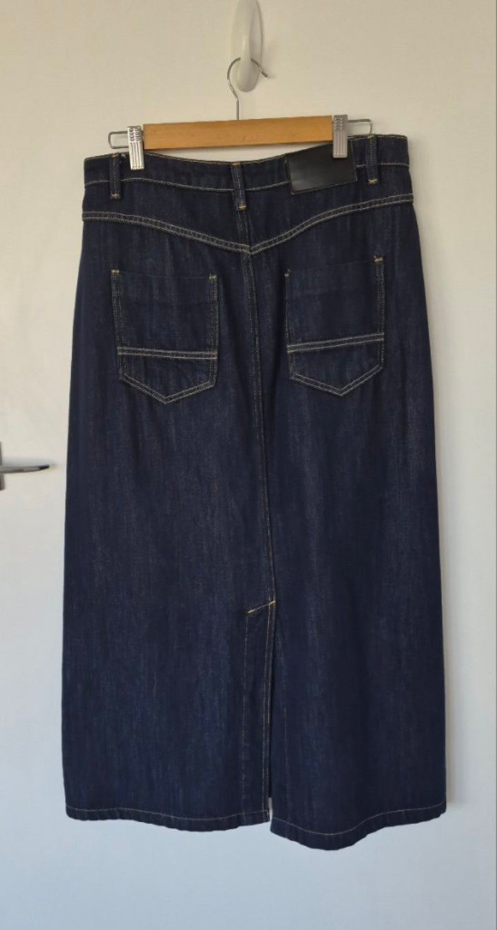Back view of Moochi Midi Denim Skirt Size M/12, preloved designer clothing at Copper & Cotton