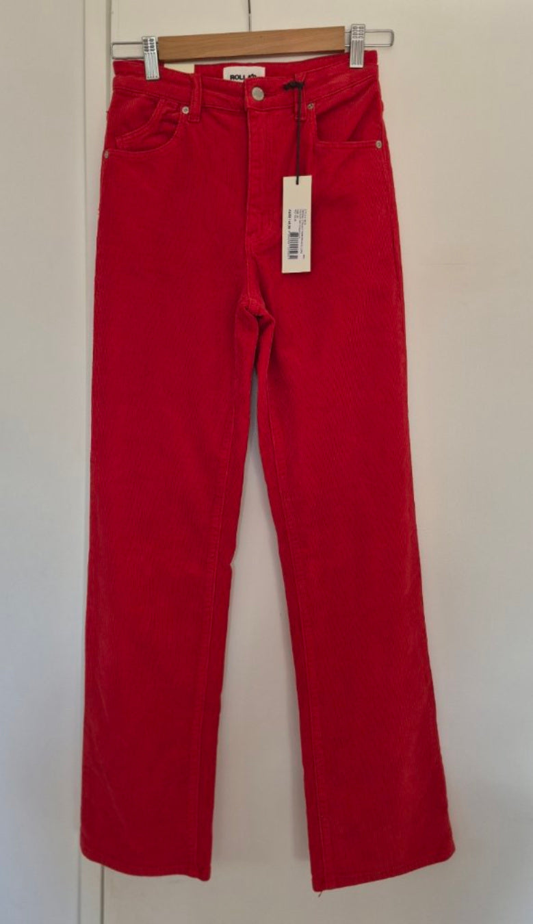 Front view of Rollas New Straight Red Cord Pants Size 26/8, preloved designer clothing at Copper & Cotton