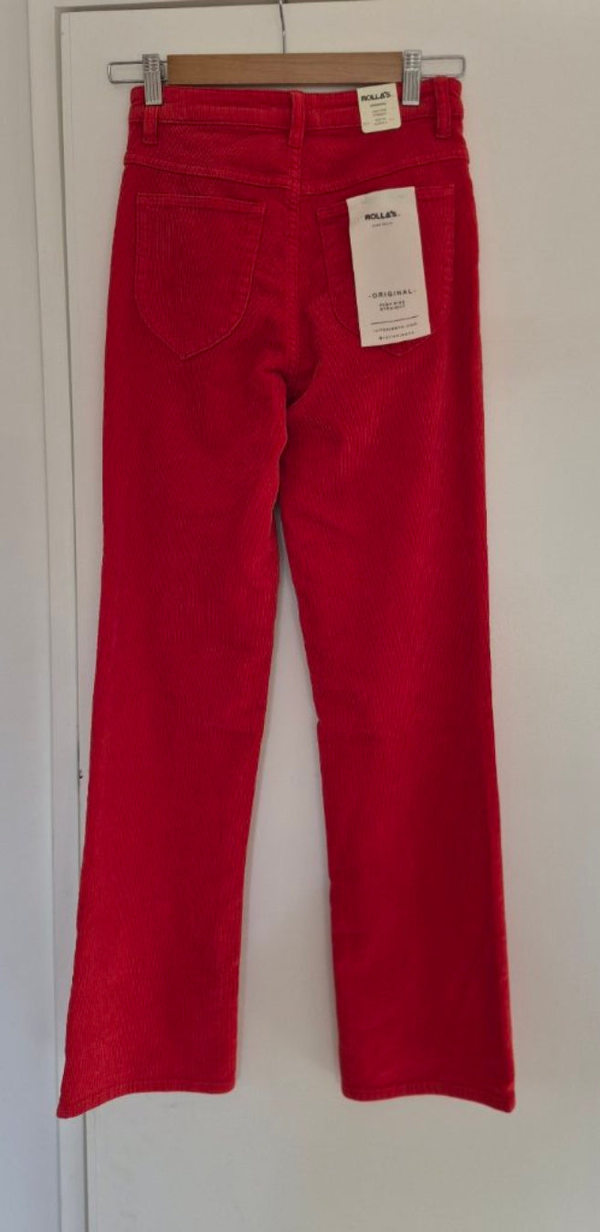 Back view of Rollas New Straight Red Cord Pants Size 26/8, preloved designer clothing at Copper & Cotton