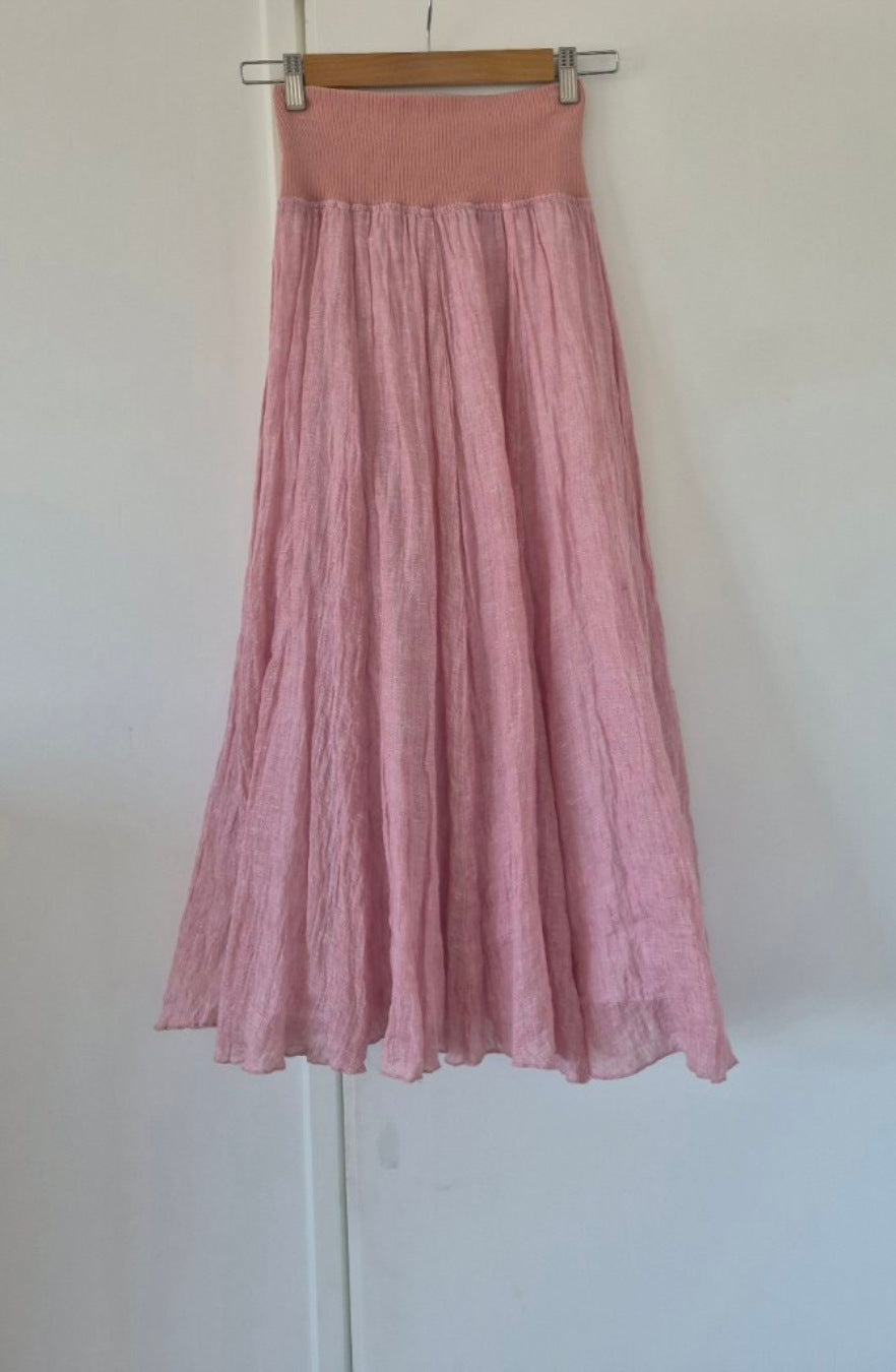 Front view of Sills Pink Linen Skirt Sz 8, preloved designer clothing at Copper & Cotton