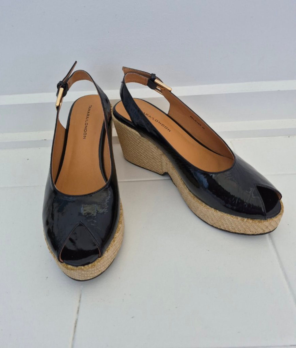 Front view of Tamara London Believer Black Patent Wedge Sz 38, preloved designer clothing at Copper & Cotton
