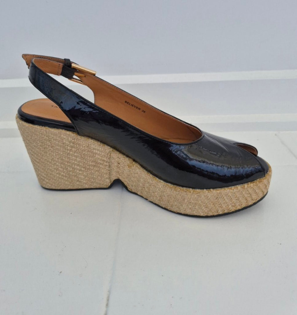 Back view of Tamara London Believer Black Patent Wedge Sz 38, preloved designer clothing at Copper & Cotton