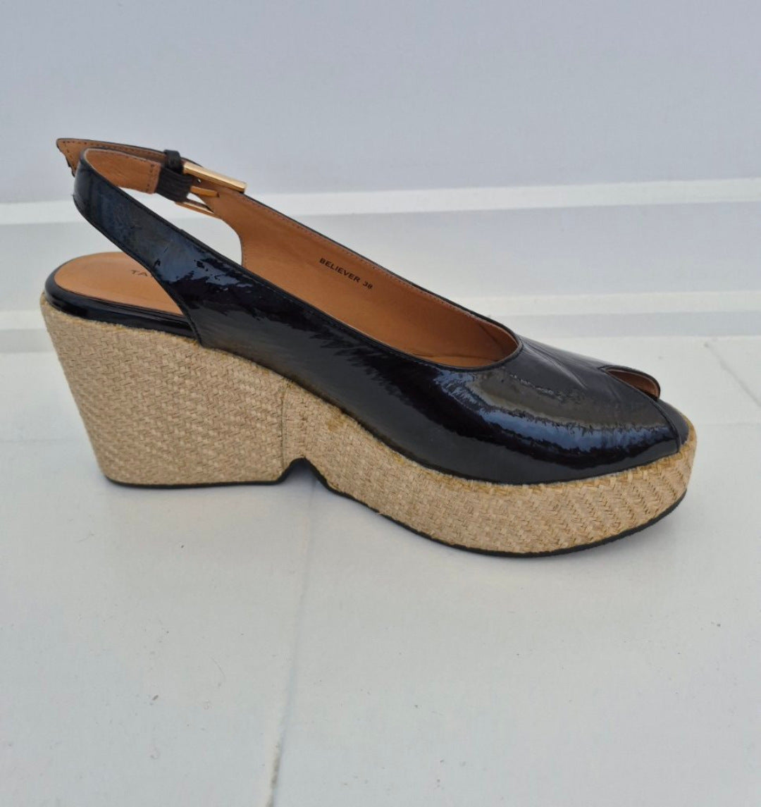 Back view of Tamara London Believer Black Patent Wedge Sz 38, preloved designer clothing at Copper & Cotton