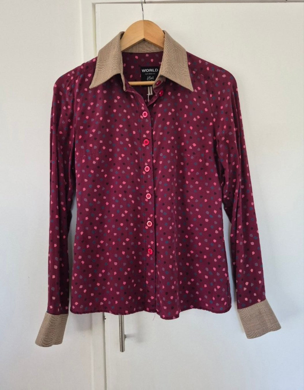 Front view of World Silk Shirt 2011 Sz S/M, preloved designer clothing at Copper & Cotton